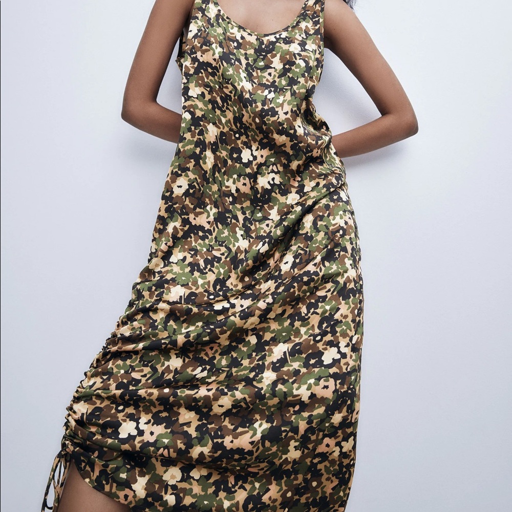 Zara CAMOUFLAGE PRINTED FLOWING MIDI SATIN DRESS w/Drawstring Size S NEW
